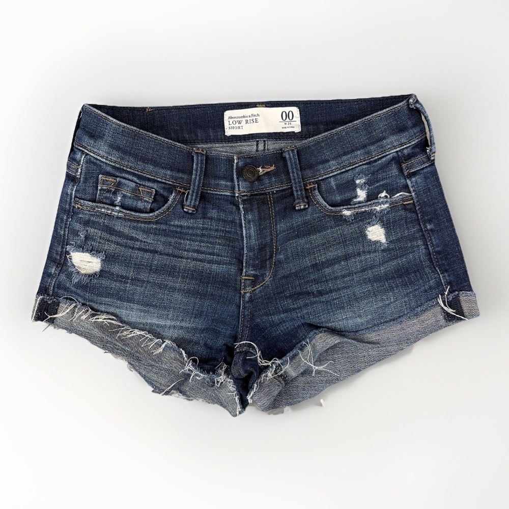Abercrombie & Fitch Denim Shorts Womens 00 Dark Blue Distressed Low Rise Frayed